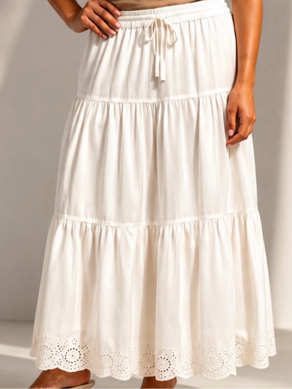 House of Harlow 1960 Ivory Tiered Maxi Skirt with Eyelet Hem